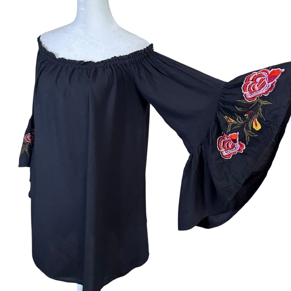 Feathers Black Top Witchy Gypsy Bell Sleeve Whimsigoth Grunge Off Shoulder Sz M